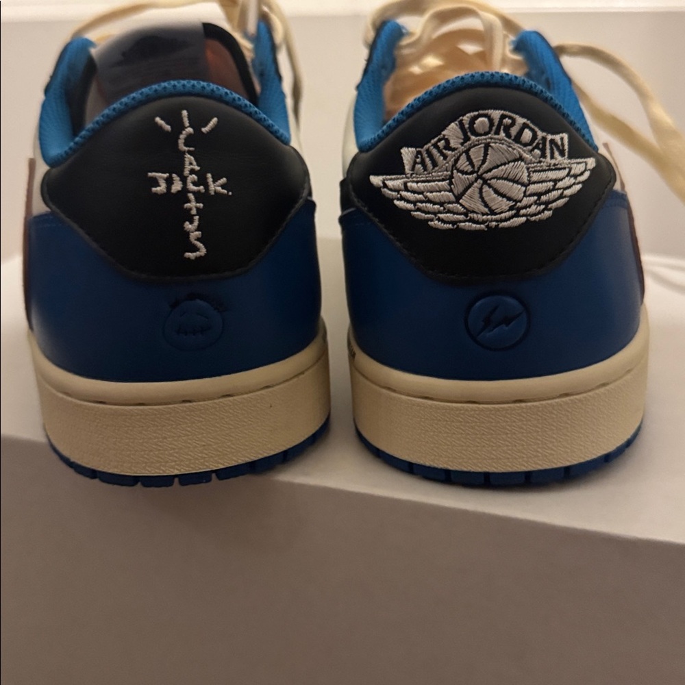 Jordan 1 Fragment Travis Scott Men's Black, Blue, and Cream Sneakers - Picture 5 of 6